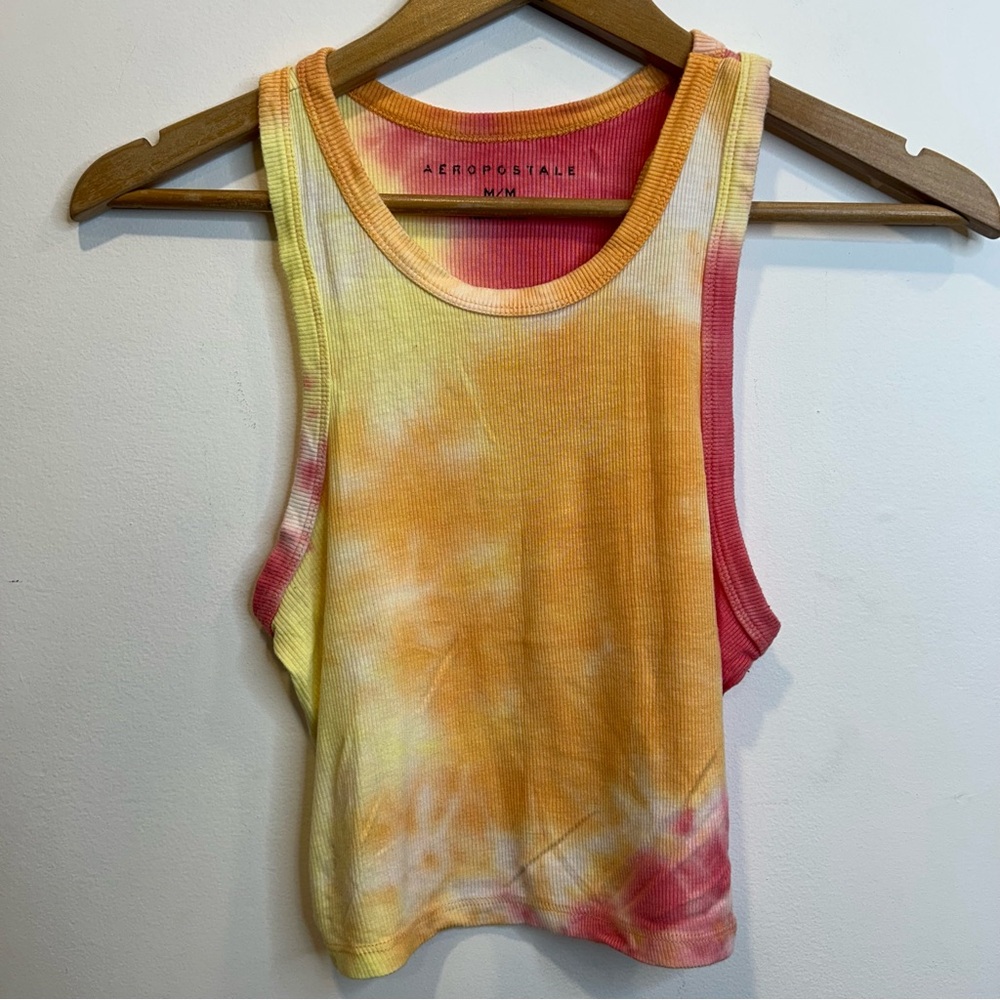 Aeropostale Tie Dye Ribbed Racerback Tank Top Yellow Orange Pink